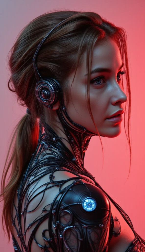 A beautiful ((evil slavic woman)), pale skin, long light brown hair, with robotic features as a closeup shot of the face and neck, with circuitry on her skin, clean lines, minimal details, cyberpunk, portrayed, futuristic design, in a 2D flat composition, red tones