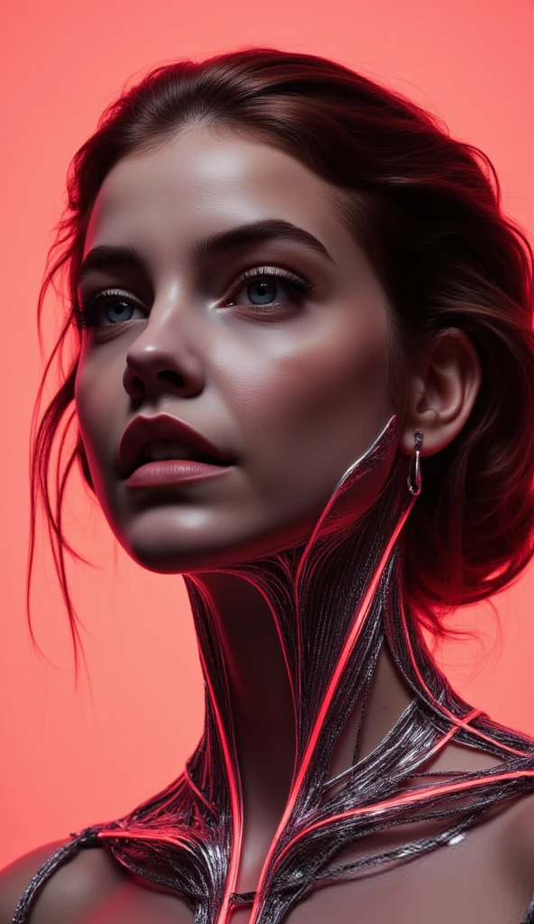 A beautiful ((evil slavic woman)), pale skin, long light brown hair, with robotic features as a closeup shot of the face and neck, with circuitry on her skin, clean lines, minimal details, cyberpunk, portrayed, futuristic design, in a 2D flat composition, red tones