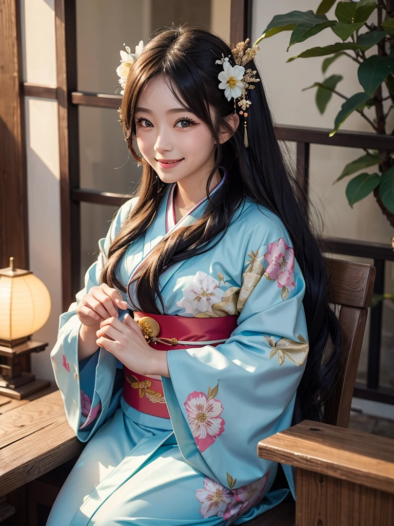  best smile , girl 、 Dynamic、solo,long hair, soft light,(( bright kimono ))New Year&#39;s Greetings,shrine