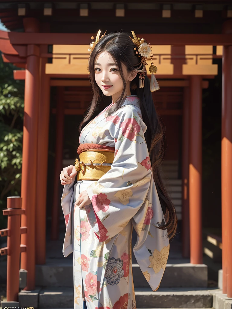 A beautiful young woman with a radiant smile, long flowing hair, wearing a vibrant kimono, standing in front of a Shinto shrine with a torii gate, soft lighting, dynamic pose, solo, (intricate kimono pattern:1.2), (detailed facial features:1.3), (highly detailed:1.4), cinematic lighting, vivid colors, masterpiece, photorealistic, 8K