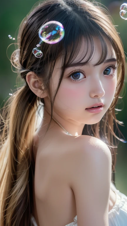 ( Highly Detailed CG Unity 8K Wallpaper ),  The World's Most Beautiful Artwork, , ,  blondes,  twin tails, Slim and young body,  white skin,  Shoulders sticking out ,   beautiful faces, bubble, shiny bubbles, bubbles, color shining in bubble, reflective bubbles, bubbles, bubbles all around, turning into bubble