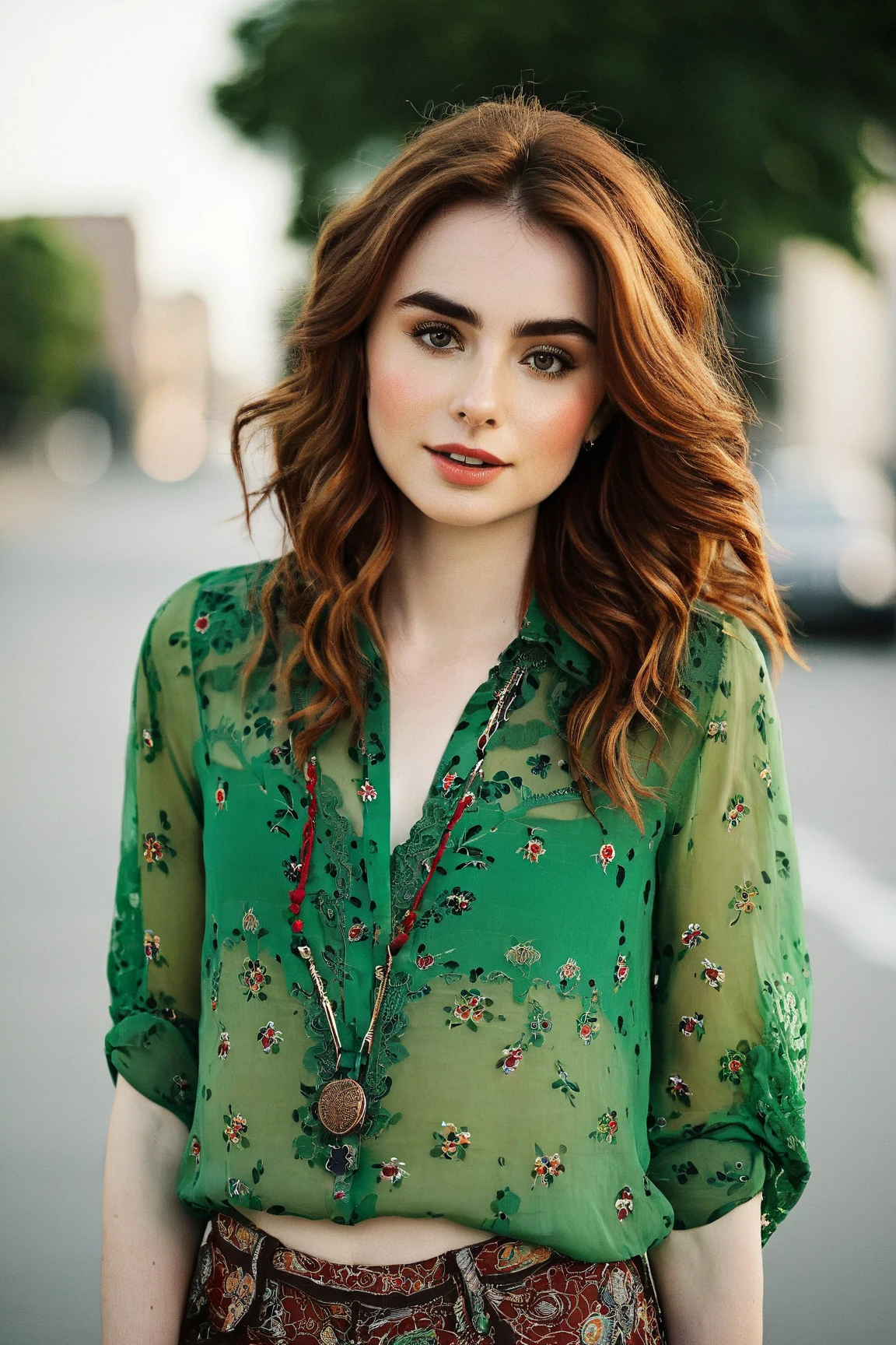  The 16-year-old actress Lily Collins in Brooklyn with curly dark red hair and bright green eyes, A face full of freckles, She is dressed in a bohemian-style floral blouse . 