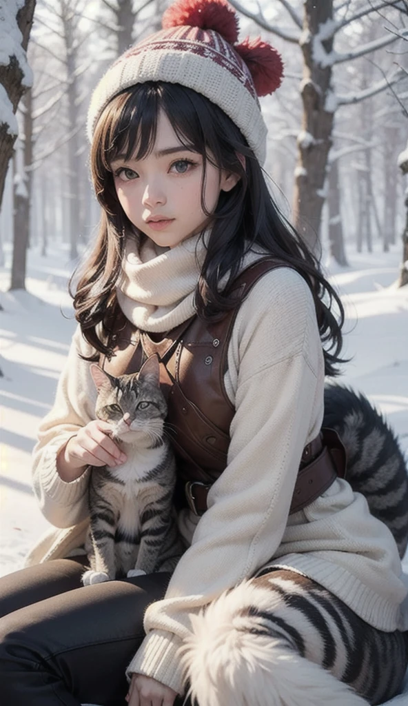 In a magical snow-covered forest, a  sits atop a giant, majestic Maine Coon cat with golden fur that gleams like the winter sun. The girl, bundled in a red knitted hat with a fluffy pompom and a thick scarf, holds onto the reins attached to the cat’s leather harness. Her rosy cheeks and wide, curious eyes reflect the wonder of the serene winter scene around her. The cat, with piercing amber eyes and a powerful, muscular build, confidently strides through the frost-laden path, leaving deep paw prints in the snow. A light dusting of snowflakes clings to its fur, enhancing its regal presence. The surrounding trees, coated in white, form a natural archway, adding an air of enchantment. The girl’s adventurous spirit and the cat’s protective demeanor create a harmonious bond as they journey deeper into the mystical woods, where the promise of wonder and magic lingers with every step.