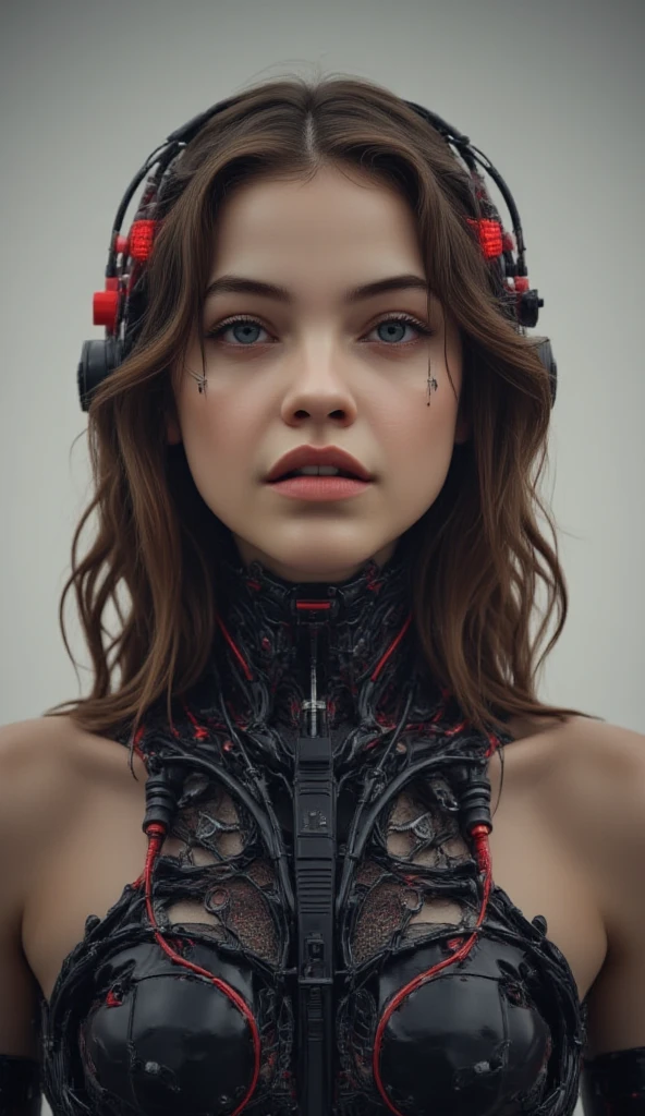 A beautiful ((evil slavic woman)), pale skin, long light brown hair, with robotic features as a closeup shot of the face and neck, with circuitry on her skin, clean lines, minimal details, cyberpunk, portrayed, futuristic design, in a 2D flat composition, red tones