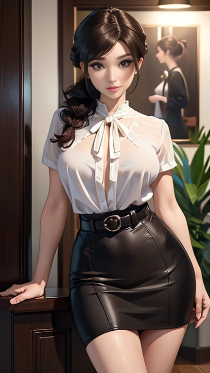 (a masterpiece portrait of a woman with ultra detailed features, in 8K resolution, with crisp quality and vibrant colors)、(from front、 facing the front:1.4)、Beautiful housewife、 50-year-old mature woman、 Sexy Blouse 　break　black knee-length sexy long tight skirt with belt、 slender figure、 wide hips、Entrance to the house、perfect hand、Perfect legs、 anatomically correct hand、Dark brown hair、( elegant hairstyle :1.5)、