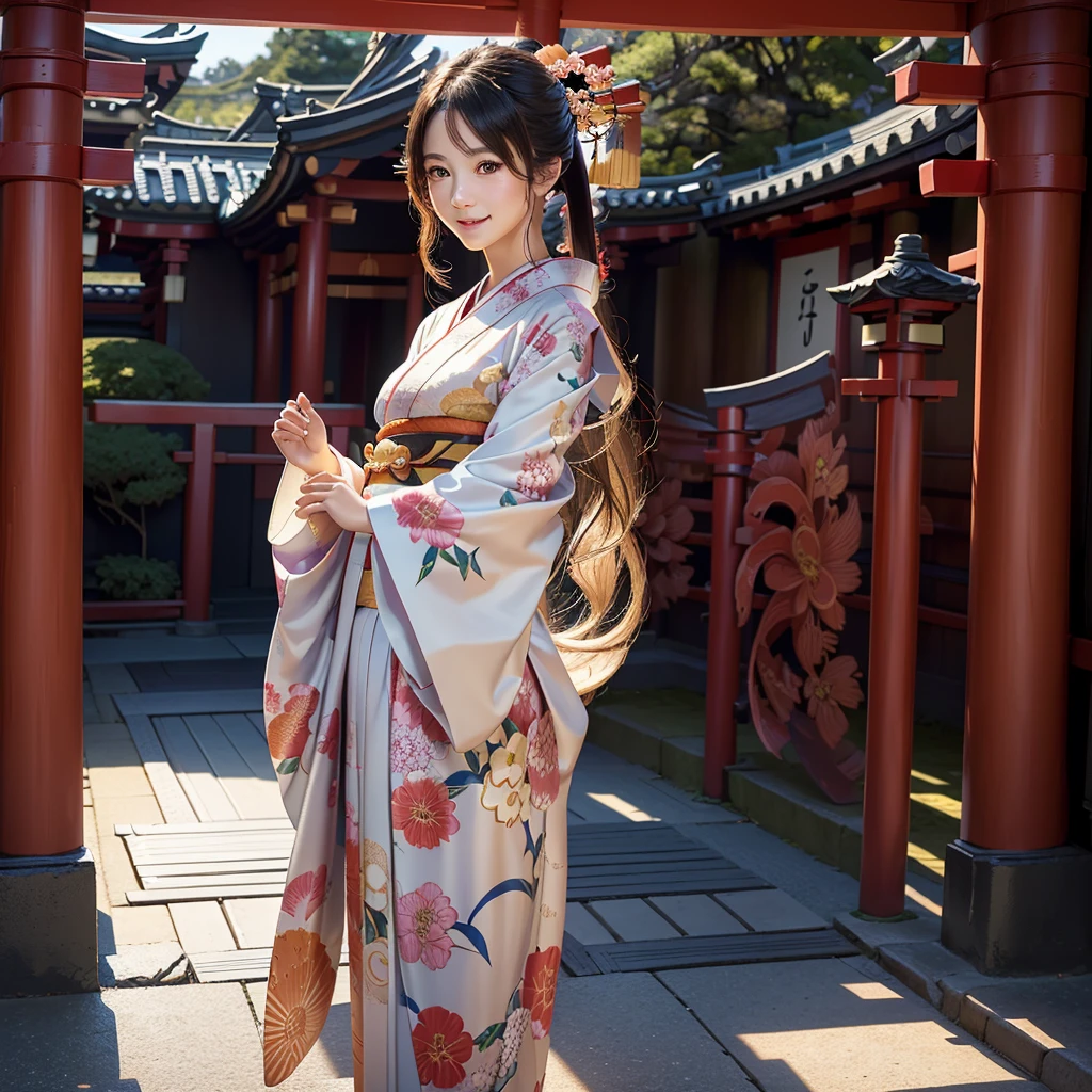 A bright smile、Long flowing hair、 wear a bright kimono 、 stand in front of a shrine with a torii gate、 soft lighting 、 dynamic pose、solo、(Intricate kimono pattern :1.2)、( Detailed Facial Features :1.3)、( very detailed:1.4)、 cinematic lighting 、 brightly colored 、masterpiece、 Photorealistic 、8k