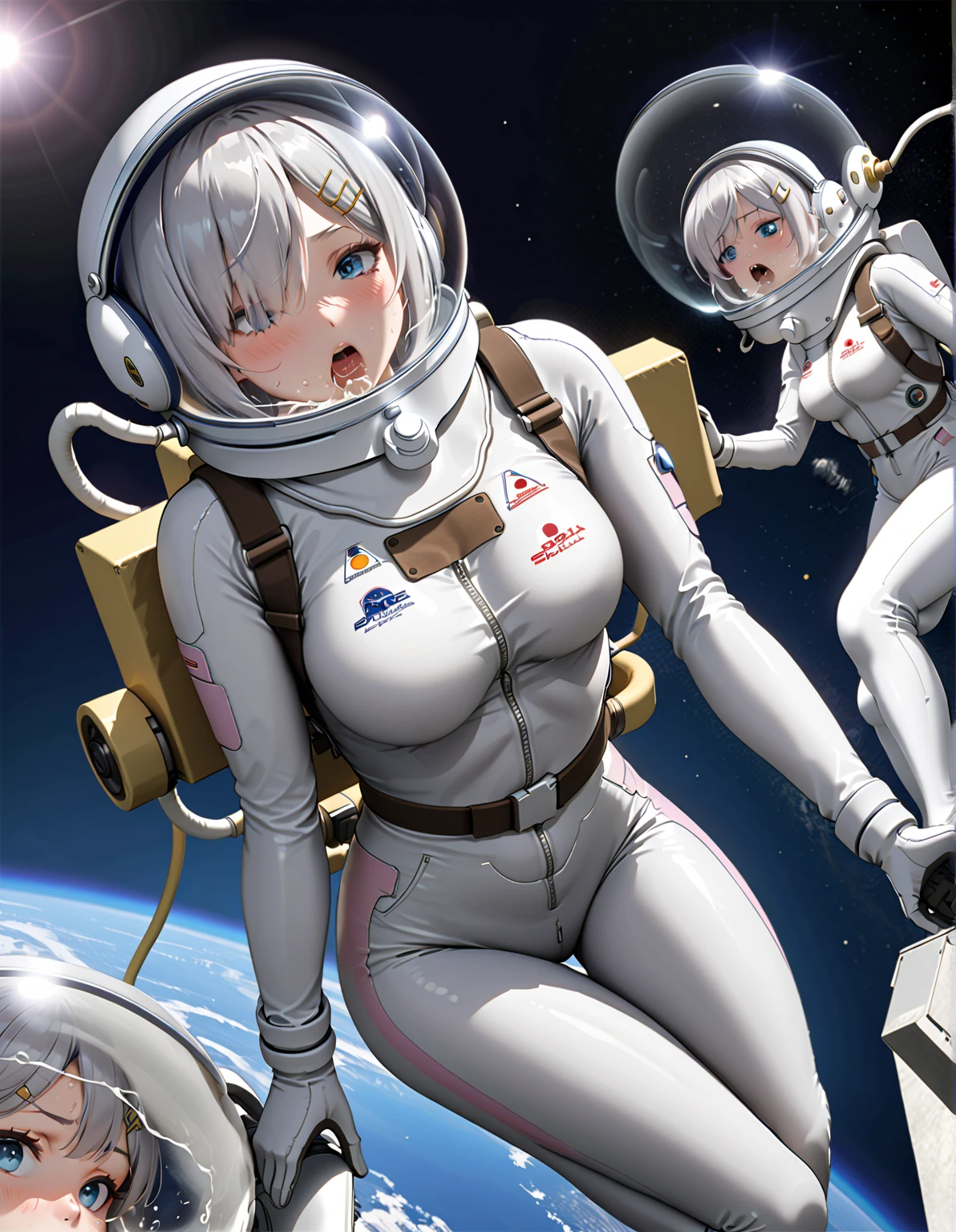 ( Space suit:1.15), astronaut)Bubble Helmet, Space Helmet, sweat,   blush,  出sweat, Vomit, Spit water on the helmet, trouble breathing ,  hypoxia, panic, Outer Space, floating,  Unique , masterpiece,   Best Quality  ,  1 girl,   beautiful  ,  Unique ,   Grey Hair, Hairpin, Short hair,   bangs,   hair covers one eye,   blue eyes 