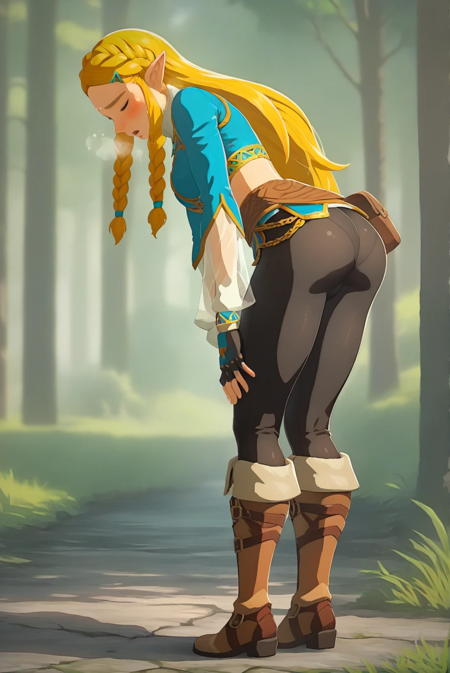 Sfw, cute, erotic, (solo), (1girl), BREAK source_anime, no shadows, shadowless
ChopioZelda, (full body shot), ((side view)), (((see through clothes))), blonde hair, aqua eyes, pointy ears, messy hair,
long hair, crown braid, sidelocks, parted bangs, hairclip, medium breasts, round ass, beautiful ass, beautiful body, (thick tights),
outfit_1, blue crop top, gold trim, white undershirt, breastplate, layered sleeves, brown sash, black gloves, fingerless gloves, (tight black pants), knee boots, brown footwear, pouch,
outdoors, sunny day, forest, parted lips, (standing up), (bending forward) , (hands on knees), in peril, exhausted, [blushing], heavy breathing, moaning, aroused, eyes closed, pain expression, wet, sweating, (legs slightly apart)