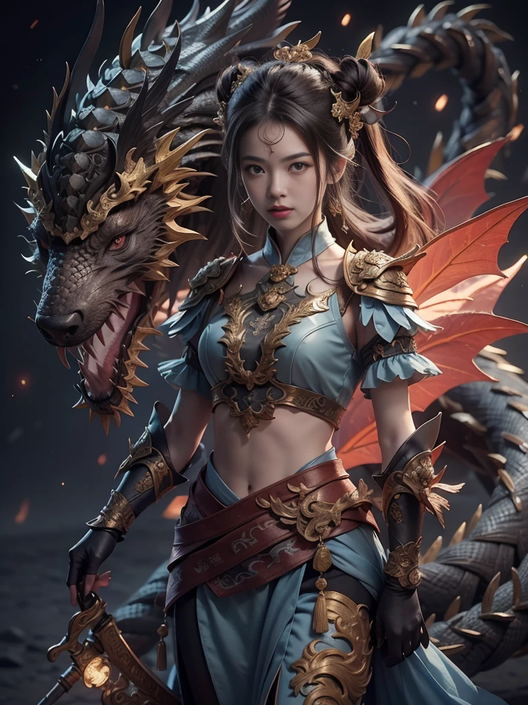 Anime - a style illustration of a woman with a dragon and a sword, the dragon girl portrait, Artgerm and Ruan Jia, Ruan Jia and Artgerm, Dragon girl, Epic fantasy digital art style, 2. 5 D CGI anime fantasy artwork, Detailed digital 2D fantasy art, author：ruanjia、stanely artgerm