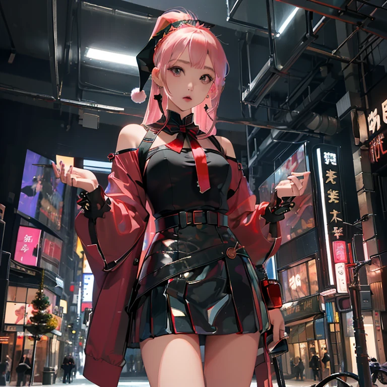 (( top quality )), ((傑 top quality 、masterpiece、High sensitivity、   High Definition   、  detailed description  、 Delicate face )), Slender Woman、glass、  Christmas、  mini skirt Santa 、  cyberpunk、 Hair Color Pink 
