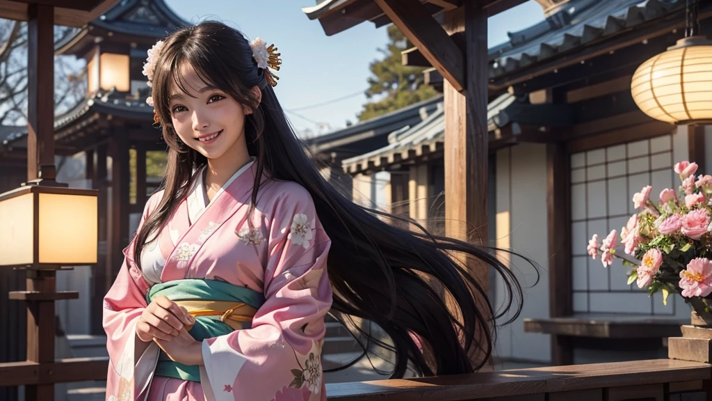  best smile , girl 、 Dynamic、solo,long hair, soft light,(( bright kimono ))New Year&#39;s Greetings,shrine