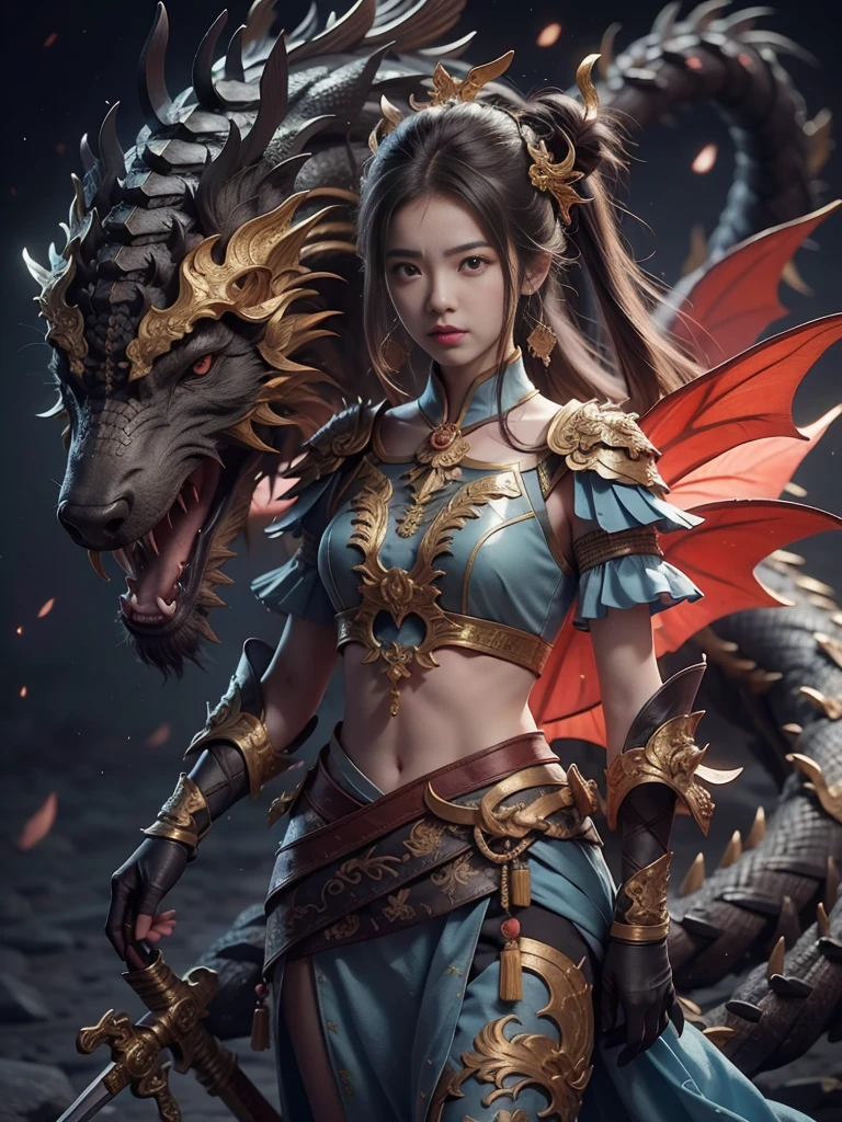 Anime - a style illustration of a woman with a dragon and a sword, the dragon girl portrait, Artgerm and Ruan Jia, Ruan Jia and Artgerm, Dragon girl, Epic fantasy digital art style, 2. 5 D CGI anime fantasy artwork, Detailed digital 2D fantasy art, author：ruanjia、stanely artgerm