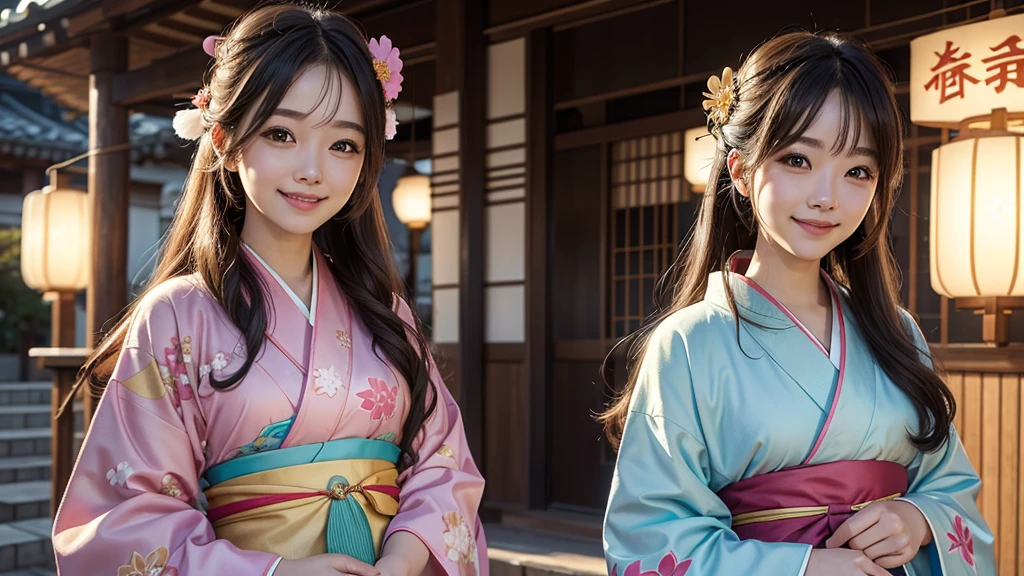  best smile , girl 、 Dynamic、solo,long hair, soft light,(( bright kimono ))New Year&#39;s Greetings,shrine, side angle,