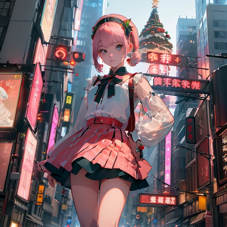 (( top quality )), ((傑 top quality 、masterpiece、High sensitivity、     High Definition     、   detailed description   、 delicate face )),  Slender Woman、Glass、   Christmas、   mini skirt Santa on the background sign 、   cyberpunk、 Hair Color: Pink 、背景の看板に（myo）