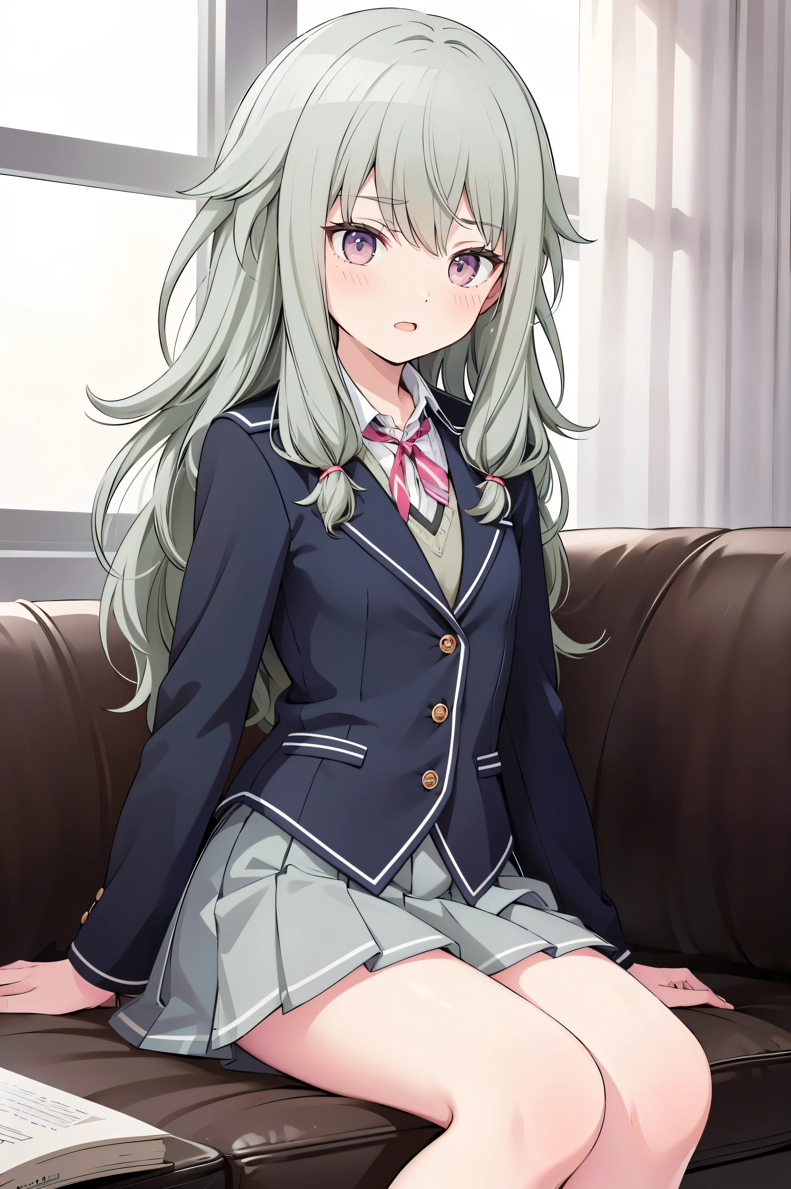 (8k, 最high quality)、Ultra-high resolution、Adorable、最high quality, beautiful,、school uniform、blazer、high quality、Shiny Hair、very fine and beautiful, bright eyes、Medium chest、nose blush、(Anatomically correct), medium chest on a white shirt, whole body, 超 high definition 、( top quality ), ( Masterpiece ), 1080P, high definition , 4K, 8k, Thighs,
