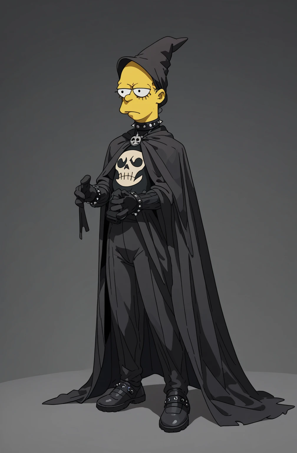 Batman wearing batman costume in simpsons style art, gothic location 
