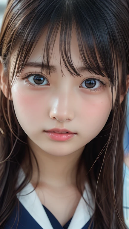 ( face close-up ),masterpiece,  top quality , 8k,  Official Art, RAWphotograph, 非常に high res,  beautiful girls,  pretty face , ( sitting),  are staring at me,  close, Teen, classroom,  super real ,  high res, photograph,  film grain,  Color Difference,  Sharp Focus,  face light , Dynamic Lighting,  cinematic lighting,  Best Details ,  extremely detailed,  Ultra Details, Detailed description,   highly detailed eyes and face, White skin, Show me a sailor suit for perfect shiny skin ,  perfect skin,  pretty face , bright eyes,  without makeup, Brown Hair, Shoulder-length straight hair,  blanking in the heart of the city,  very embarrassed face、amount、mole、 small tits、 flat chest、Show your forehead