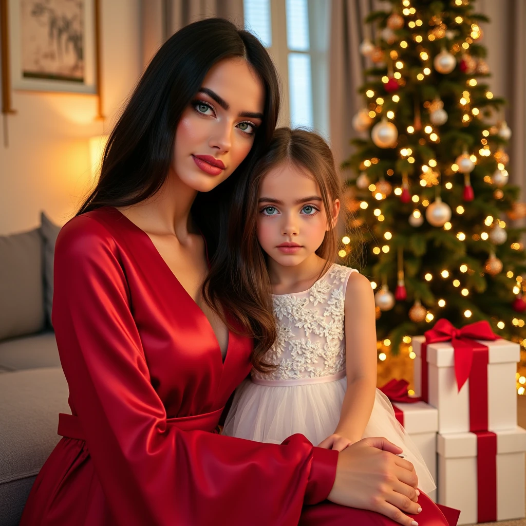 young woman 30 years old white skin,  chiseled face ,  blush-cheeked , With sapphire blue eyes with long and straight jet black hair, shiny skin red silk dress next to little  golden blonde girl in white tulle dress blooming, both sitting next to luxurious golden decorated Christmas pine tree and white presents with red bow, inside luxurious white and golden living room Digital art animation oil hyper realistic comic Tones and lights High resolution,  Precise, La mejor quality, Detail, HD model, Details altos, anatomy, quality,  , Textured leather 