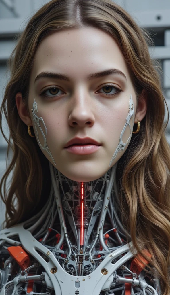 A beautiful ((evil slavic woman)), pale skin, long light brown hair, with robotic features as a closeup shot of the face and neck, with circuitry on her skin, clean lines, minimal details, cyberpunk, portrayed, futuristic design, in a 2D flat composition, red tones