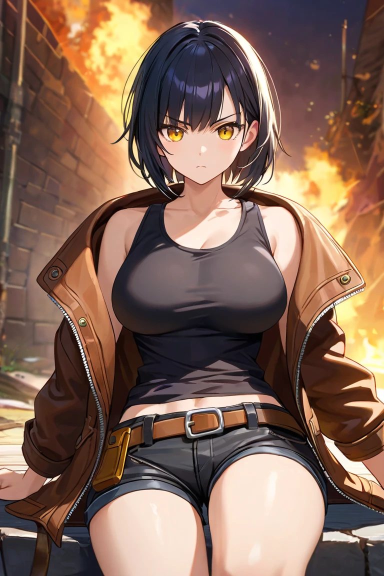 The cat is a girl with black hair and yellow eyes, an adventurer, in a black tank top and a brown leather jacket.The average breast size is 2 sizes. She wears shorts on her legs and pouches on her shorts. Serious and calm character