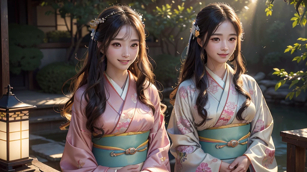  best smile , Long Flowing Hair 、(( bright kimono ))、beautiful、Shining Light、( top quality 、4K、8k、 high res、masterpiece:1.2)、 super detailed 、( real、 Photorealistic 、 Photorealistic :1.37)、 intricate detail、 gentle expression 、 dreamy atmosphere 、 Warm Lights 、Shining Aura、Whimsical、Delicate features、 brightly colored 、 Cinematic Lighting , Mysterious Powers 、