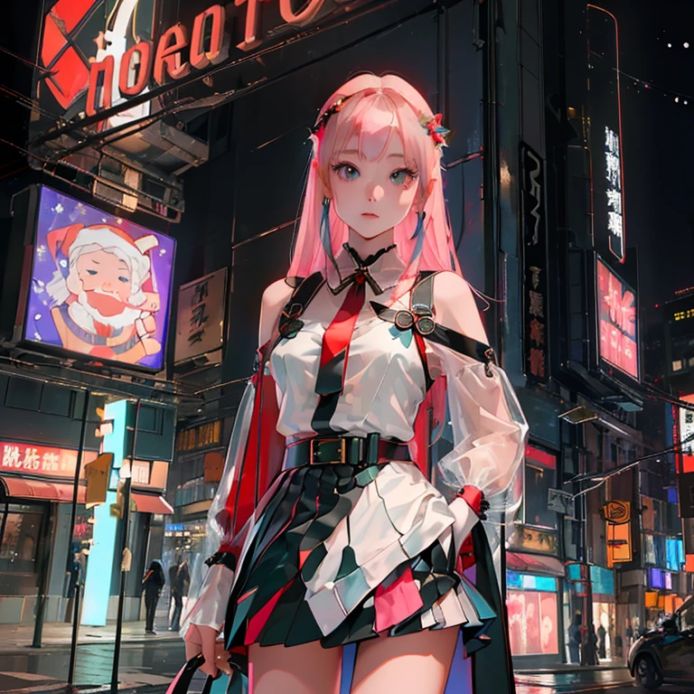 (( top quality )), ((傑 top quality 、masterpiece、High sensitivity、     High Definition    、   detailed description   、 delicate face )),  Slender Woman、Glass、   Christmas、   mini skirt Santa on the background sign 、   cyberpunk、 Hair Color: Pink 、On the chest（myo）Character
