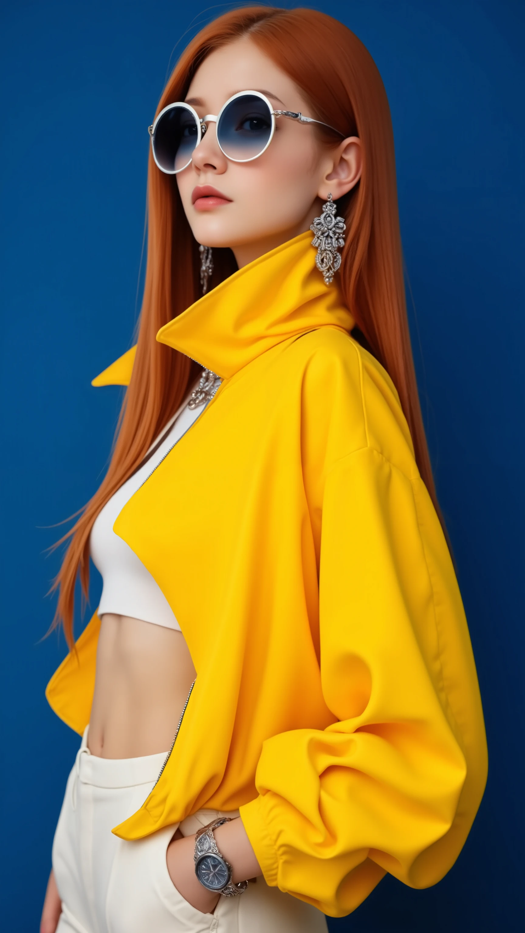 This is a modern stylish portrait of a woman, with sleek platinum red hair running down her back. She reflects boldness by wearing oversized round gradient sunglasses and blue tinted lenses. Her confident pose is highlighted by a bright yellow oversized jacket with exaggerated and voluminous wrinkles and high collars, which stands out against a deep, sturdy blue background. 
Her earrings are intricately designed, adding elegance and sophistication to the cascading metal pattern. She matches the look with white high-waist pants right under the jacket's unzipped edges and glimpses the stylish watch on her wrist. The minimal yet dynamic color palette of yellow, blue, and white highlights her modern, fashion-forward vibe. This composition is a perfect blend of confidence, bold aesthetics, and modern elegance.