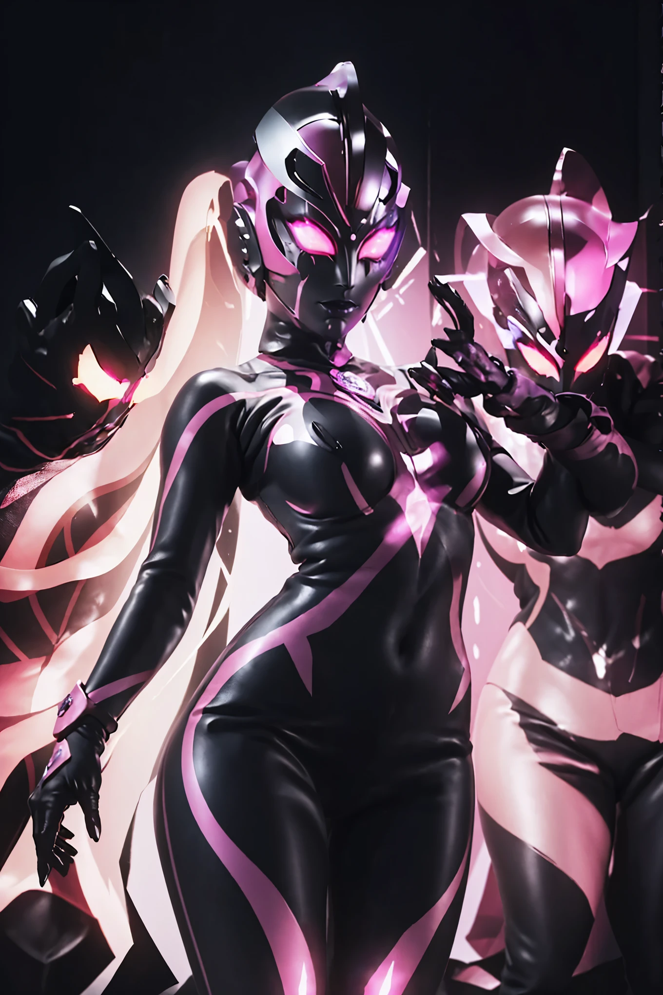 Dark UltraWoman. （high quality）（luster）（(Black Face and red eyeline)）（Black and purple thema color. black helmet. A full-face helmet. Pink lines. Purple glowing mechanical eyes. The whole body is covered with a black bodysuit. Thick legs. Spike decoration. Pink lines all over the body. Heart tattoo . purple coloreye. pink glow crystal. pink sharp claw. Night background.