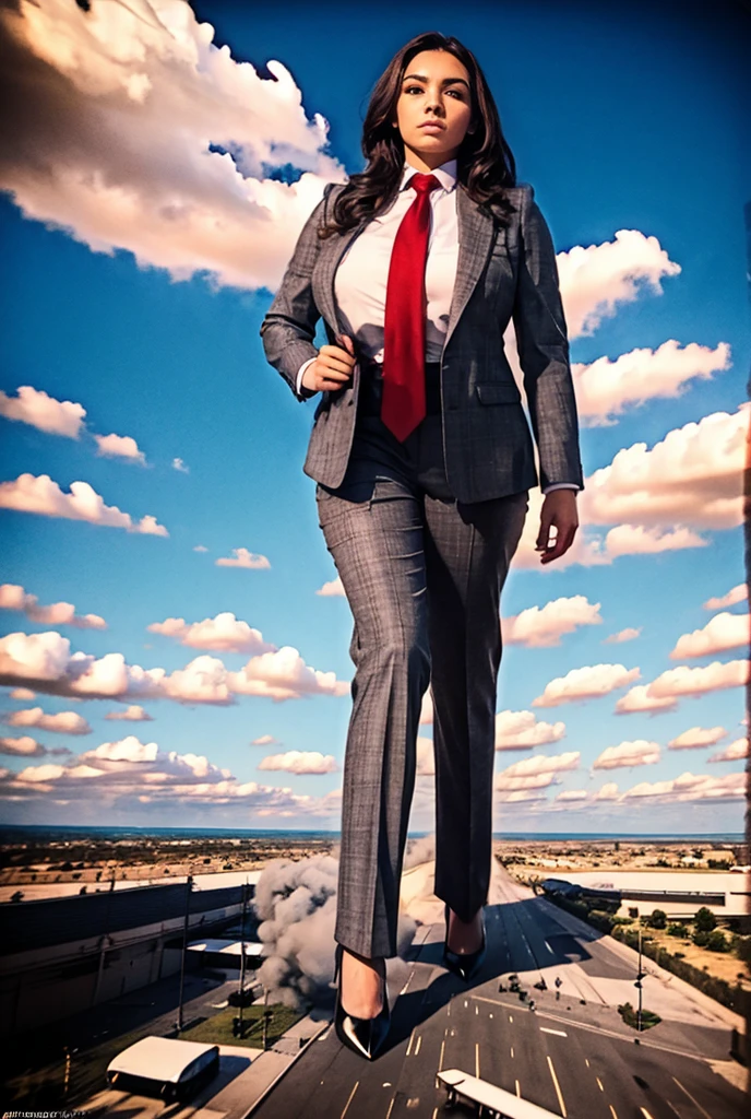 Looking down at the approaching young giga giantess, Giantess art, 500 miles tall giga giantess, young sophisticated and stylish woman in a light grey italian pinstriped trouser 3-peice suit, form fitting crisp office shirt, and a large wide light blue necktie in a windsor knot, with a beautiful, curvaceous figure, large natural breasts, and long wavey blonde hair, with a curvaceous figure and massive breasts. wearing blue rounded court high heels with uncovered feet and standing, rampage-like pose, with a city skyscrapers background of mega-city, skyscapers, partially obscured by a hazy, cloudy atmosphere. The image is a high-resolution, masterpiece-quality, cinematic, ultra-detailed, and hyper-photorealistic photograph, with perfect hands, face, and lighting. ultra-detailed, 8K, photo-realistic, hyper-realistic, masterpiece, intricate details, full body view. Looking at camera, The image is a high-resolution, masterpiece-quality, cinematic, ultra-detailed, and hyper-photorealistic photograph, with perfect hands, face, and lighting. ultra-detailed, 8K, photo-realistic, hyper-realistic, masterpiece, intricate details,