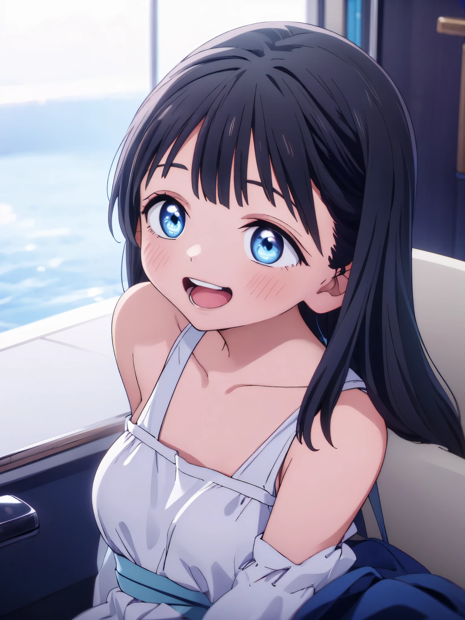 Anime girl with blue eyes sitting on a boat looking out the window ...