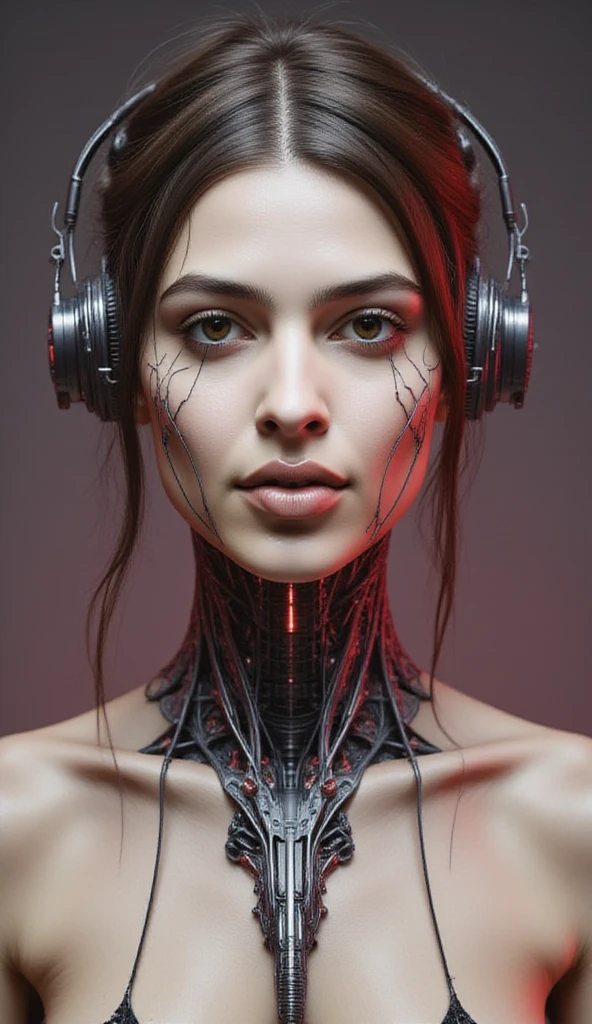 A beautiful ((evil slavic woman)), pale skin, long light brown hair, with robotic features as a closeup shot of the face and neck, with circuitry on her skin, clean lines, minimal details, cyberpunk, portrayed, futuristic design, in a 2D flat composition, red tones