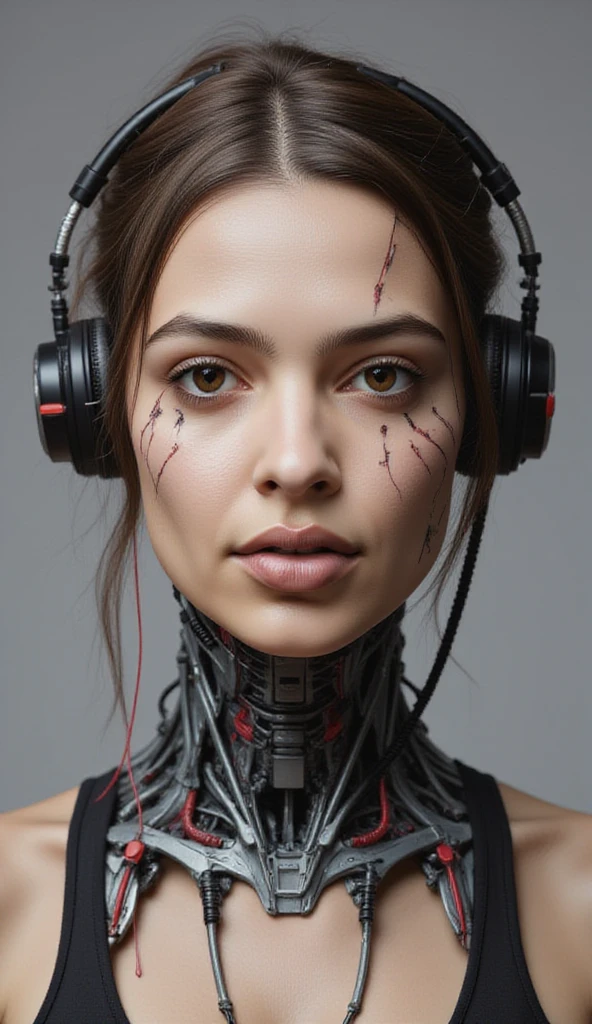 A beautiful ((evil slavic woman)), pale skin, long light brown hair, with robotic features as a closeup shot of the face and neck, with circuitry on her skin, clean lines, minimal details, cyberpunk, portrayed, futuristic design, in a 2D flat composition, red tones