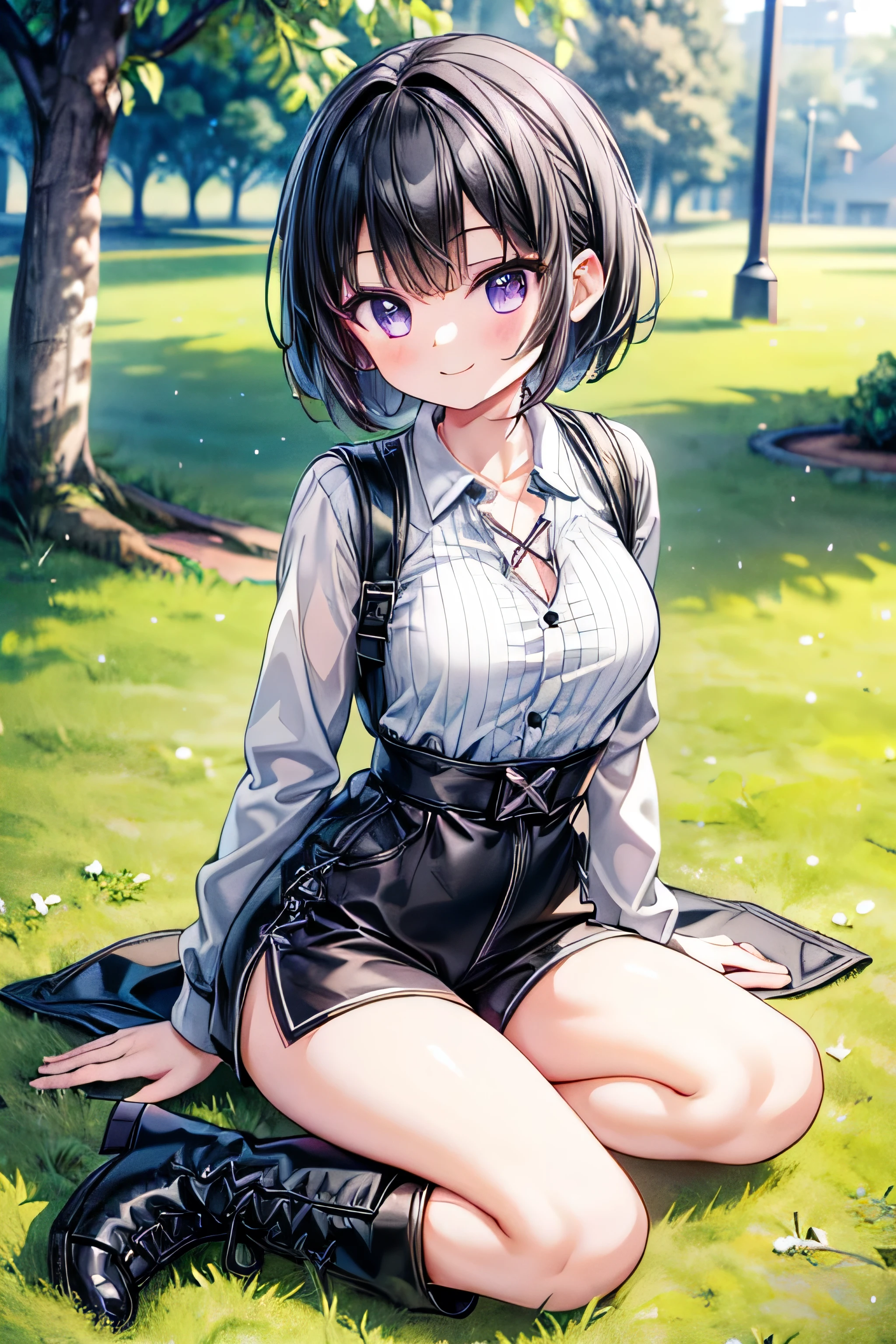 soft light, beautiful body, (masterpiece, highest quality, very detailed:1.3), 1 girl, gyaru, (black bob cut hair:1.3), (swept bangs:1.3), droopy eyes, big and cute eyes, (brown eyes:1.3), large breasts, thick thighs, ((lots of piercing)), healthy, proportionate build, (portrait of a person, DSLR style, shallow depth of field, background blur, bokeh effect, f/1.8:1.1), 1girl, (seductive smile:1), looking at viewer, twenties, (white collar shirt:1.3), (purple bra with black lace, purple thong with black lace:1.3), (cleavage, Unbuttoned), (Black pleated skirt, micro miniskirt:1.3), (black high socks:1.3), black loafers, full-body shot, (sitting on white bench :1.3), (sexy pose:1.1), (spread legs:1.1), Outdoor cafe scene, white bench seating, large sunshade parasol in the cafe, sunny day, cozy atmosphere, street view, high detail, natural lighting, wide angle