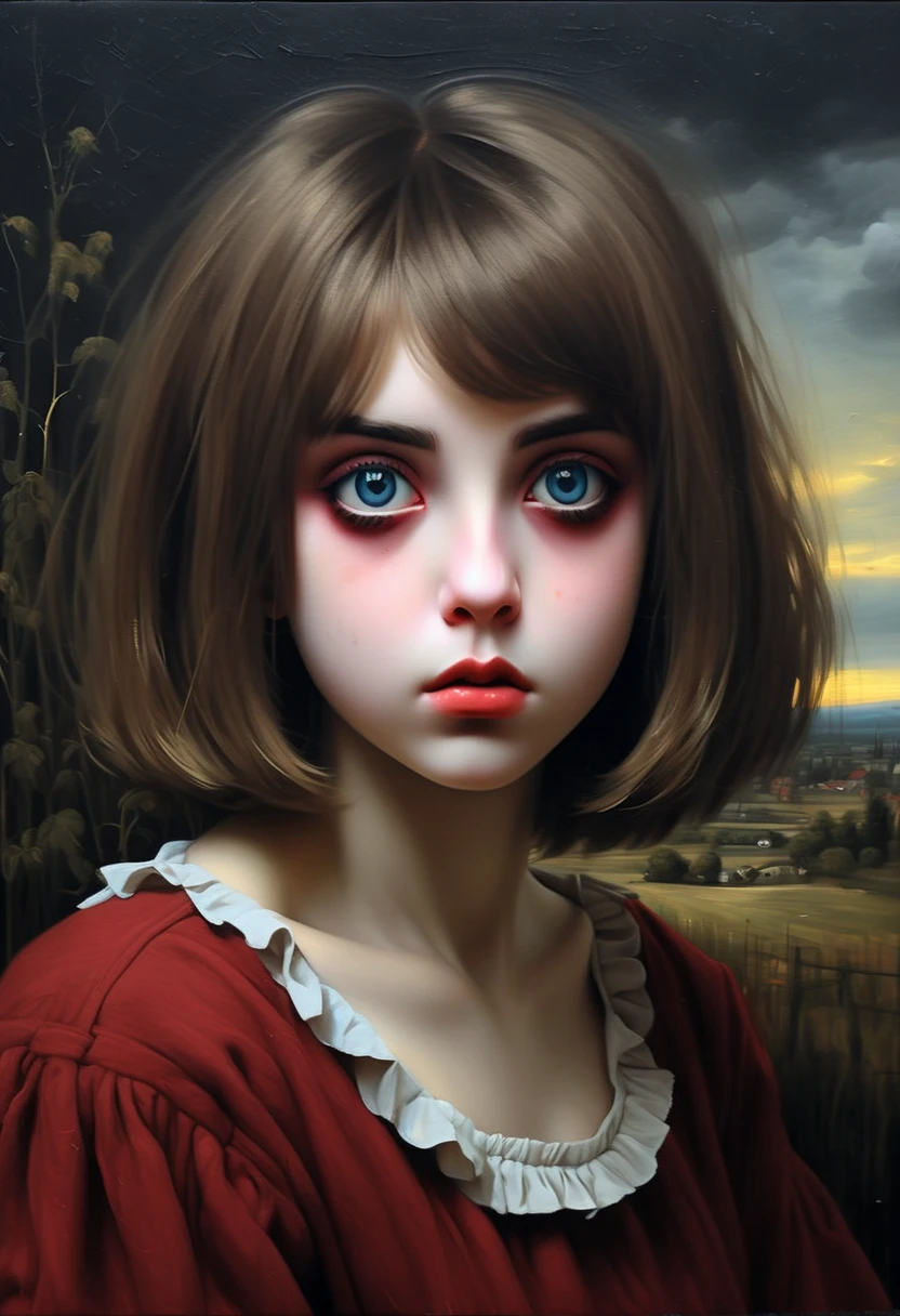 [[(Close-up of the face: (young Hera Hilmar) (solo) with big eyes pearl makeup and a crimson hurricane bob hair, ((pores / facial hairs)))((Agnolo Bronzino / Jerry-Pinkney style!!!))])):20]/[background:
 dark Renaissance, old canva, (noir night), (tenebrosso style Caravaggio:1,6))]/[two-color lighting, ((oil painting palette knife))((masterpiece)),((highest detail))]]
