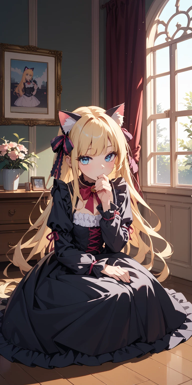 NSFW , blowjobs , cocksucking , Cat Ears & Gothic Lolita , blond long hair , full body , all body view , blue eyes