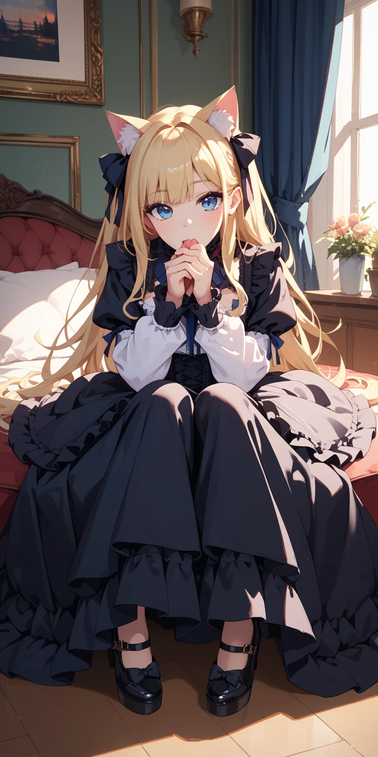 NSFW , blowjobs , cocksucking , Cat Ears & Gothic Lolita , blond long hair , full body , all body view , blue eyes