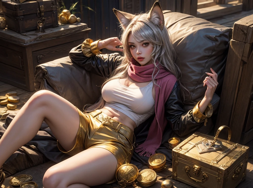 On the cosy bed there female lioness laying in seductive pose, she have ebony colour skin beautiful yellow cat eyes dark gold eyeshadows make up, ring style earrings, her hair is purple with pink highlights . she dressed in white neather topic with golden parts on countures also short and white leather straps on her cat legs instead of boots, her hands have hude ruby claws on her fingers, (ultra high quality fantasy art, anime fantasy style, masterpiece, ultra high quality character design, 8k quality anime art, realistic anime art, top quality wallpaper illustration, detailed ultra high quality accurate face, high quality design and accurate physic)
