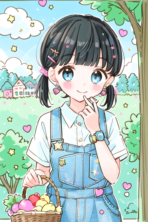 cartoon_stickers, masterpiece, best quality, solo, 1girl, cute girl, holding a basket of fresh vegetables, smiling, blue eyes, blue denim overalls, farm landscape in the background, short black hair, short pigtails, blushing, stud earrings, fair skin