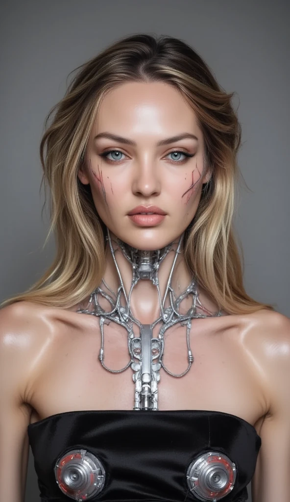 A beautiful ((evil slavic woman)), pale skin, long light brown hair, with robotic features as a closeup shot of the face and neck, with circuitry on her skin, clean lines, minimal details, cyberpunk, portrayed, futuristic design, in a 2D flat composition, red tones