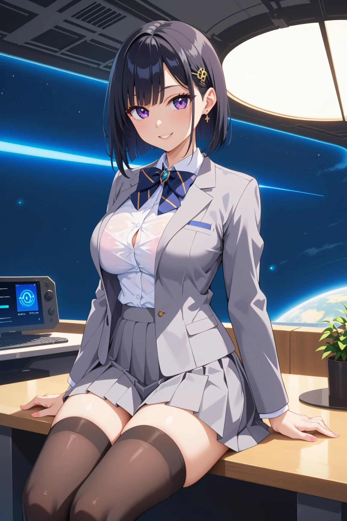 (8k、 top quality 、​masterpiece:1.2)、( realistic 、 ultra-detailed、 super A high resolution, beautifully detailed face , perfect body, perfect lighting,narrow,  beautiful detail skin , skin texture,(( futanari )),(penise),( 1 girl),, Grey Blazer:1.2, colored shirt , white shirt, gray skirt:1.2, Pleated Miniskirt , bow tie, Rank straight hair , stockings, Black Hair,  purple eyes,  sitting on the table, team up, Big Breasts ,On a spaceship,Beautiful smile:1.0, sexually attractive, erotic,Sexual posture