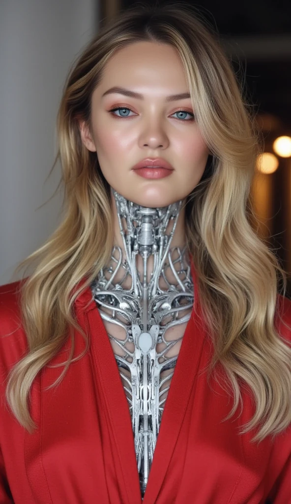 A beautiful ((evil slavic woman)), pale skin, long light brown hair, with robotic features as a closeup shot of the face and neck, with circuitry on her skin, clean lines, minimal details, cyberpunk, portrayed, futuristic design, in a 2D flat composition, red tones