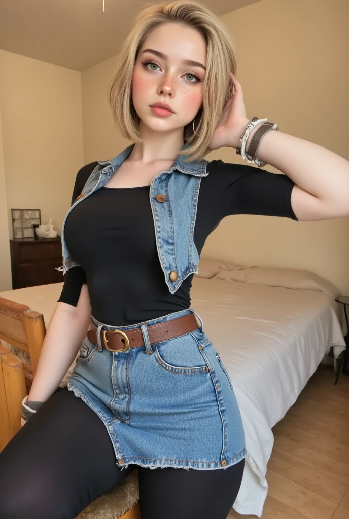 A stunning woman cosplaying Android 18 from Dragon Ball Z, capturing her calm yet confident demeanor. She has fair skin and piercing light green eyes, complemented by subtle makeup featuring soft eyeliner and nude lipstick. Her blonde hair is styled in a sleek, shoulder-length bob with a slightly tousled finish, adding a modern touch to the classic look.

She wears Android 18’s iconic outfit: a fitted denim vest over a black, long-sleeve shirt, paired with a denim skirt and black leggings. The ensemble is completed with a brown belt and sleek black boots. Small details like gold hoop earrings and Android 18’s signature wrist cuffs add authenticity to the costume. The setting is a simple room with a warm, neutral aesthetic to keep the focus on the cosplay. A plain beige wall and a wooden chair are in the background, creating a clean and minimalist vibe. The lighting is soft and natural, highlighting her features and the texture of her outfit.

Her pose is confident and relaxed, with one hand resting on her hip while the other casually brushes her hair back. Her expression is calm and slightly enigmatic, perfectly embodying Android 18’s cool and composed personality