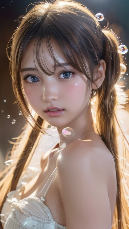 (extremely delicate and beautiful: 1.2), 1girl, naked in bkni bangs, blue eyes, blur, blur background, bow, brown hair, shut up, side view, hair between eyes, hair bow, lantern, light particles, long sleeves, look looking at audience, medium hair, night, red bow, solo, stars(symbol), upper body, smile, red lips