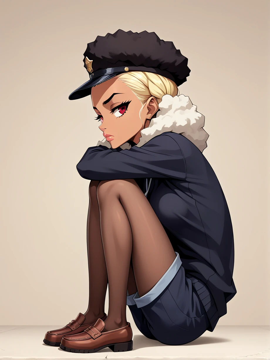 (Masterpiece), solo focused, 1 girl, b00nd0cks, face focused, black skin, tan skin, blond hair, bored expression, no expression, darkened face, school background, red eyes, head tilt, side profile, full body, solo focused, thick lips, wool cap, looking to the right, black wool cap, adult women, eyes half open, detailed background, shorts, pantyhose 