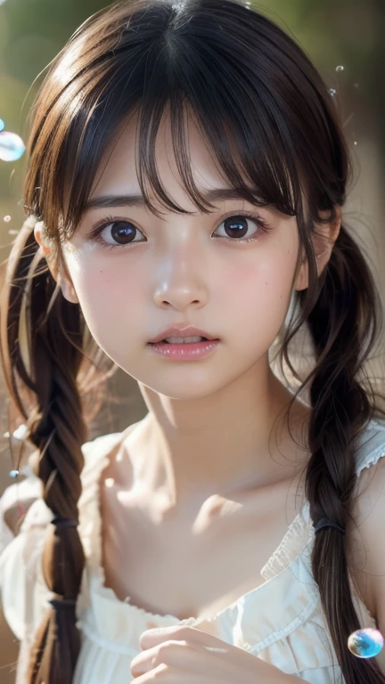 ( Highly Detailed CG Unity 8K Wallpaper ),  The World's Most Beautiful Artwork, , , Brown Hair,  twin tails, Slim and young body,  white skin,  Shoulders sticking out ,   beautiful faces, bubble, shiny bubbles, bubbles, color shining in bubble, reflective bubbles, bubbles, bubbles all around, turning into bubbleの中にいる、 stick out your forehead 、amount、amount、amount