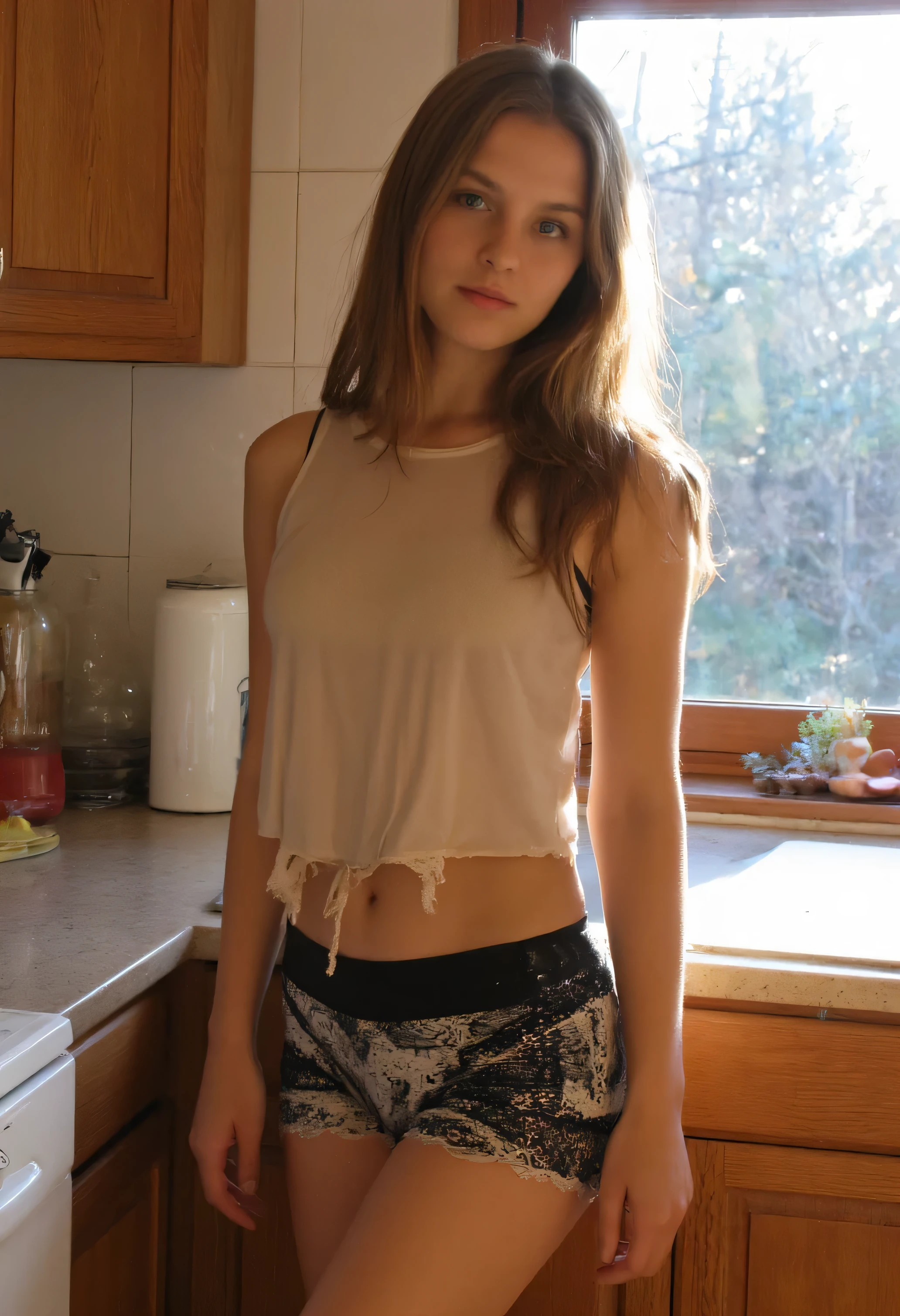 Sweet looking girl 23 years old , light brown long hair, normal busig , sporty slim,  in her kitchen . Lacy shorts.  transparent tank top . Dark light early in December, That falls through a large window 