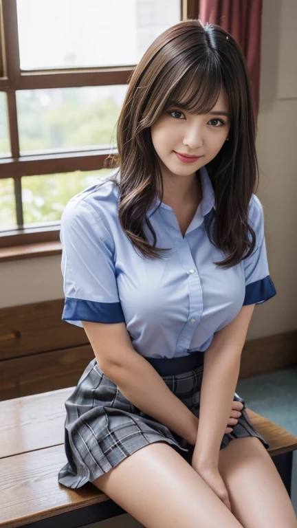 1girl, (uniform), standing, eye level, (distance: 1.5),photo shot pose, Classroom, detailed face, detailed eyes, thick breasts, shiny skin, tight shirt, grey blue miniskirt, looking at the audience, high angle shot,(8k, RAW photo, best quality, masterpiece: 1.2), (realistic, realistic: 1.37), ultra-high resolution