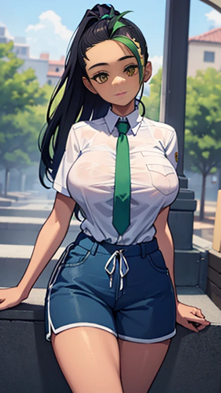 Nemona has large breasts and she is wearing her white shirt with her green tie and she is wearing her blue shorts 