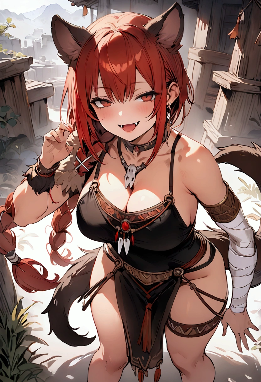 (masterpiece),(best quality),(ultra-detailed),(best illustration),(best shadow),(detailed background), (((solo))), 1girl, long-hai, tooth-necklace, braid, armor-tribal, ((red-hair)), loincloth, bandages, breasts, jewelry, standing, necklace, grey-fur, animal-ears, red-eyes, bandaged-leg, single-pauldron, pelvic-curtain, pelt, pauldrons, thigh-strap, fangs, breastplate, tail, cleavage, bandaged-arm, ((smile)), scar, fewer-digits, single-braid, barefoot, legs-apart, half-closed-eyes, very-long-hair, multi-tied-hair, large-breasts, half-gnoll, ((human face)) hyena-ears, black-spotted-brown
