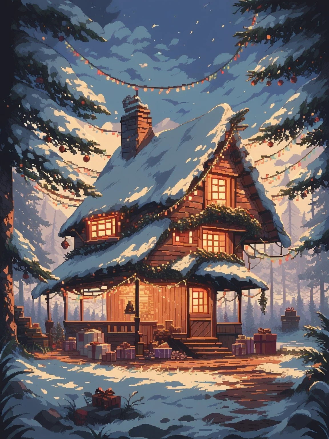 score_9, score_8_up, score_7_up, score_6_up, d3p1x3l, pixel art, scenery,Christmas scene with a decorated tree in the center, surrounded by gift boxes and candy canes in a snowy winter setting. Cozy cabin in the background with glowing windows, colorful string lights, and a festive atmosphere. Pixel art, 8-bit style, vibrant colors, detailed lighting effects, and a retro video game aesthetic.